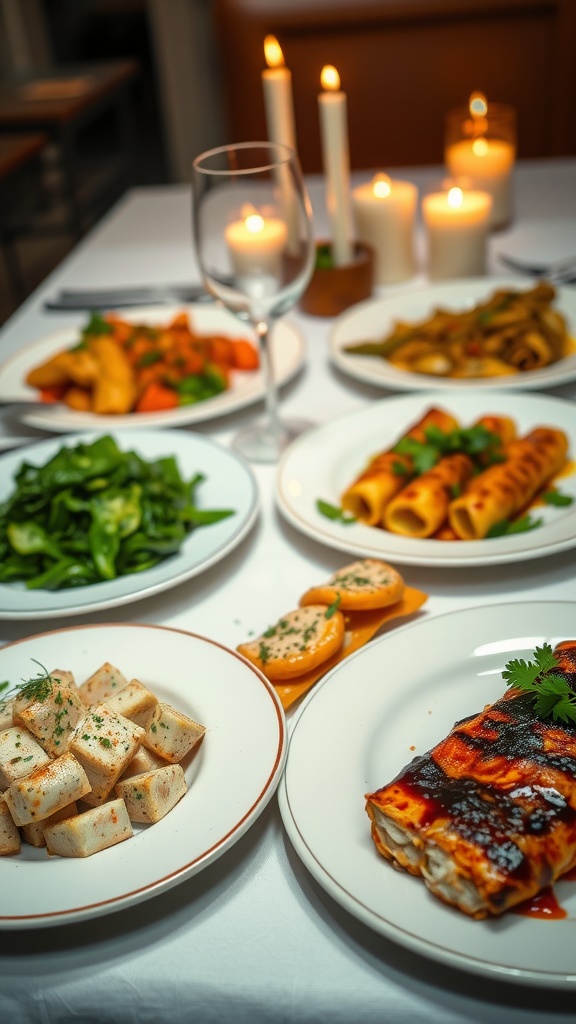 Delicious Dinner Night Ideas for a Memorable Evening A dinner table showcasing Italian, Mexican, and Asian dishes with vibrant colors and garnishes.